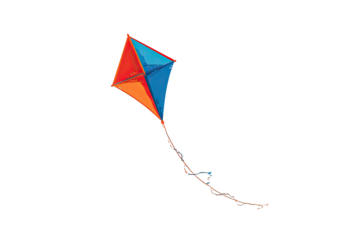 Diamond kite, orange/blue, flits on its string in the sky