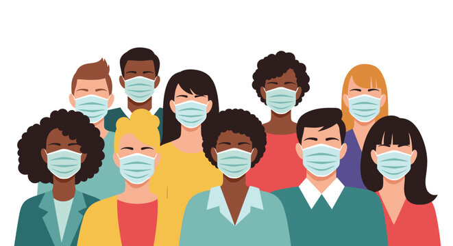 Illustration of a diverse group of people, men and women of various ethnicities, wearing light blue protective face masks for public health and safety. - Powered by Adobe