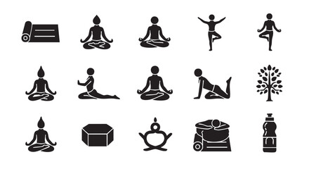 Yoga Poses Icons Set Black Silhouettes Meditation Exercises and Equipment