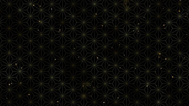 Japanese Traditional Asanoha Pattern with Gold Brush Strokes and Confetti on Black Background