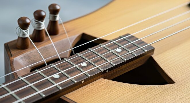 Close-up of Acoustic Guitar Frets, Wooden Neck, and Strings Detail for Musical Instruments