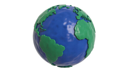 Earth model made of clay showing continents and oceans isolated on white background