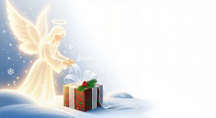 Glowing angel wrapping Christmas gift, magical spirit, winter wonderland, copy space