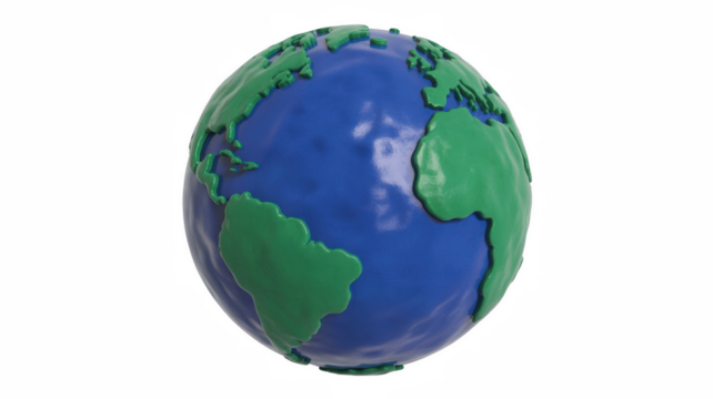 Earth model made of clay showing continents and oceans isolated on white background