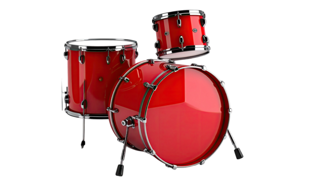 Shiny red drum kit with three drums on a black background