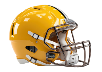 Yellow helmet with metal face mask, side view