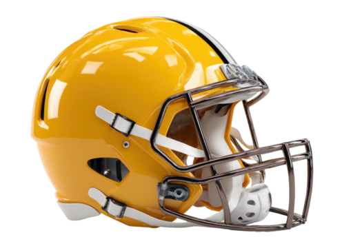 Yellow helmet with metal face mask, side view