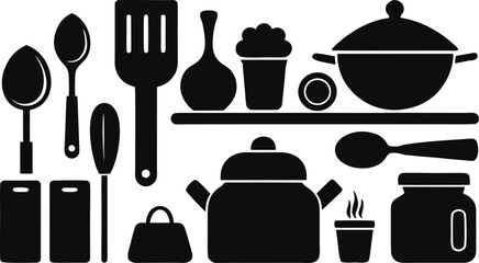 Black silhouette icons of cookware and utensils for culinary vector design.