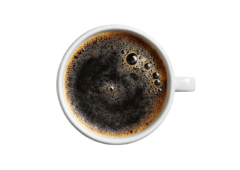 Coffee cup overhead, dark brew with bubbles