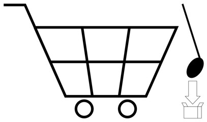 Black shopping cart with a hanging price tag and a box icon below an arrow. Ideal for retail, e-commerce, purchases, logistics, pricing, shipping, and delivery concepts in a simple flat metaphor