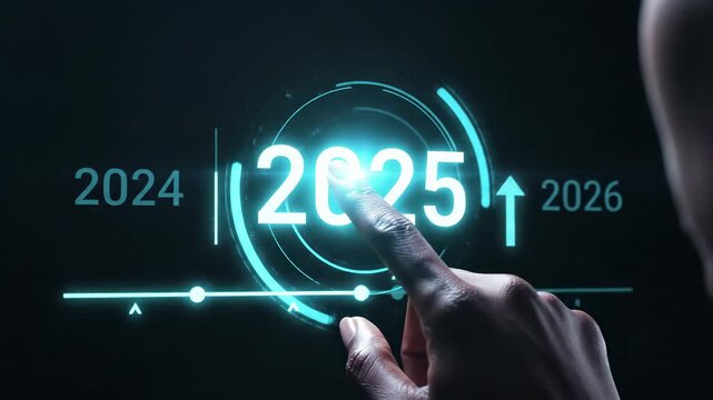 holographic 2025 year interface with timeline displaying, 2026, and 2027. Digital future planning, annual business strategy, goal setting, and corporate vision roadmap concept for growth