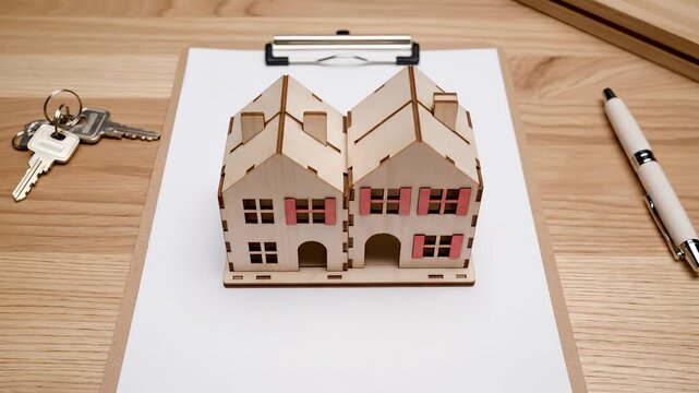 Wooden house models on clipboard with keys and pen for real estate property transaction. Residential home ownership concept with miniature architecture for mortgage investment, purchase contract