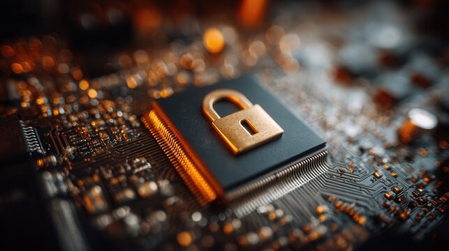 Golden padlock secures advanced microchip on intricate circuit board creating a digital security concept with warm bokeh lights
