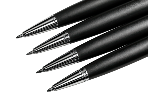 Four black pens angled, silver tips visible, dark background