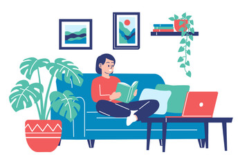 Smiling woman relaxing on a cozy sofa reading a book in the living room
