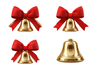 Four golden bells adorned with vibrant red holiday bows