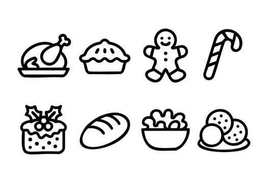 A collection of festive food icons showcases a turkey, pie, gingerbread man, candy cane, holiday cake, bread, salad, and cookies. These images represent popular holiday treats.