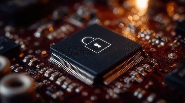 Secure digital data protection visualized on a microchip with a glowing padlock icon, representing advanced cybersecurity and system integrity.