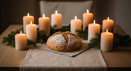 Winter solstice feast with rustic bread, candles glowing softly, festive holiday celebration