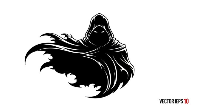 Mysterious hooded figure in dark cloak vector illustration of a shadowy character isolated on white background
