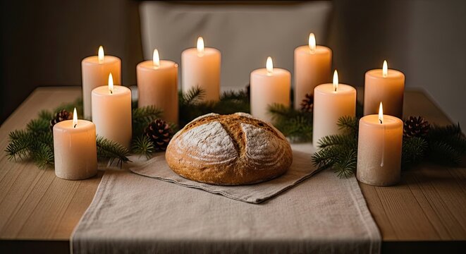 Winter solstice feast with rustic bread, candles glowing softly, festive holiday celebration