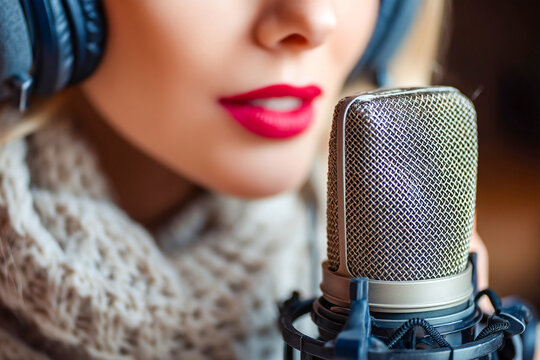 Recording session with an actor in a sound booth wearing headphones Generative AI - Powered by Adobe