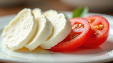 Fresh sliced mozzarella cheese and ripe red tomatoes on a white plate