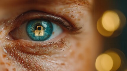 Vibrant blue eye reflects a digital golden padlock symbolizing data protection and online security in a modern, glittering concept.