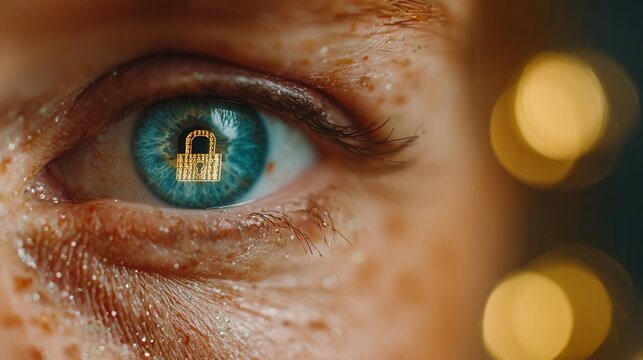 Vibrant blue eye reflects a digital golden padlock symbolizing data protection and online security in a modern, glittering concept.