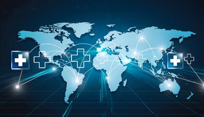 Global digital health network concept with world map and medical cross icons connected by glowing lines, symbolizing telemedicine, global healthcare, and digital medical communication.