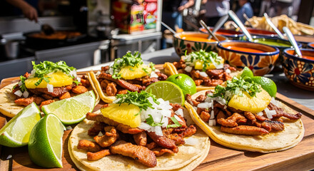 Obraz premium Realistic shot of delicious street-style chicken tacos topped with onions, cilantro, and lime on wooden plates
