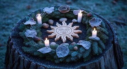 Winter solstice altar with symbolic sun, candles, natural elements, pagan ritual decor