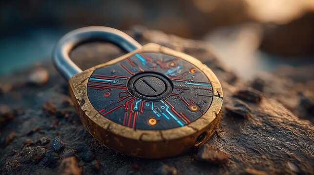 Futuristic lock with glowing circuit board design symbolizing digital security and advanced technology protecting data