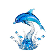 Naklejka premium Artistic Blue Glass Dolphin Sculpture Leaping Through Water Splashes with Small Fish on a Transparent Background
