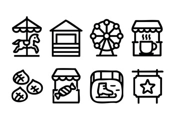 A collection of icons represents various fun fair attractions and activities, such as a carousel, ferris wheel, snack stalls, and a cozy drink booth, capturing the lively spirit of a fair.