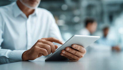 Focused senior businessman in corporate meeting using digital tablet. professional man working with technology in modern bright office