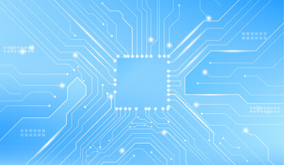 White circuit board pattern on blue tech background with glowing connection lines and nodes. Digital technology layout with electronic pathways for futuristic interface design or networking concept © klyaksun