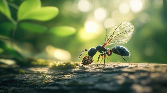 Winged ant carries a meal across wood in forest with bright light. Nature stock
