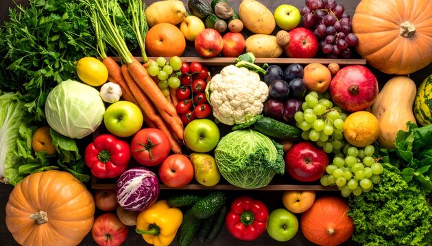 Abundant flat lay of organic fruits and vegetables. Colorful harvest background with pumpkin, grapes, and carrots. Perfect for healthy diet and nutrition concepts. - Powered by Adobe