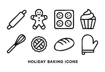 Various holiday baking icons showcase a rolling pin, gingerbread man, cookies, cupcake, whisk, pie, bread, and mitt. These fun graphics illustrate festive cooking activities.