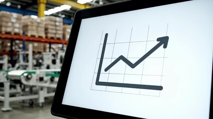 Tablet displays upward growth chart in warehouse facility. Business analytics, logistics performance metrics, inventory management data, and supply chain optimization concept for industrial operations - Powered by Adobe