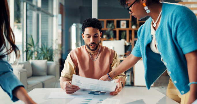 Business people, document and overwhelmed in office with paperwork, meeting and proposal in agency. Chaos, deadline and graphs with multitasking, stress and burnout with discussion and busy staff - Powered by Adobe