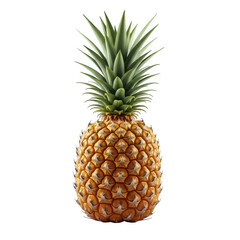 Fototapeta premium Fresh whole pineapple with green leaves, ripe tropical fruit on white background, golden yellow pineapple isolated for food design and packaging