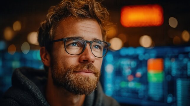 Focused professional in glasses contemplates complex data on multiple screens, embodying modern tech innovation and strategic thinking in a dimly lit office.