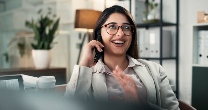 Phone call, smile and business woman in office for computer, negotiation and discussion. Financial advisor, consulting and person on technology for agency, networking or accounting with ideas - Powered by Adobe