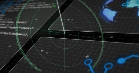 Displaying circular radar overlay scanning control console, showing sweep beam, code, map, nodes