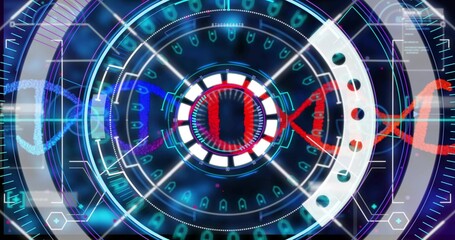 Projecting central holographic UI hub with concentric rings and DNA strand on lab monitor