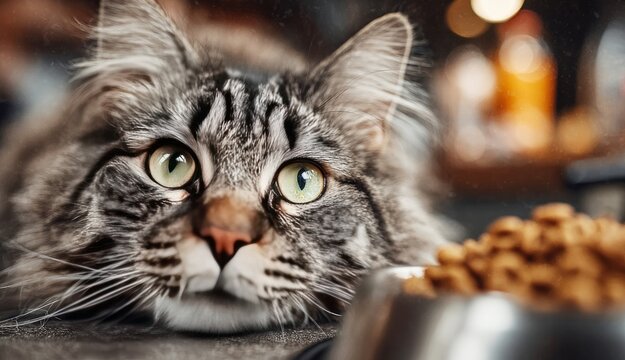 Cat looking at food bowl wanting to eat