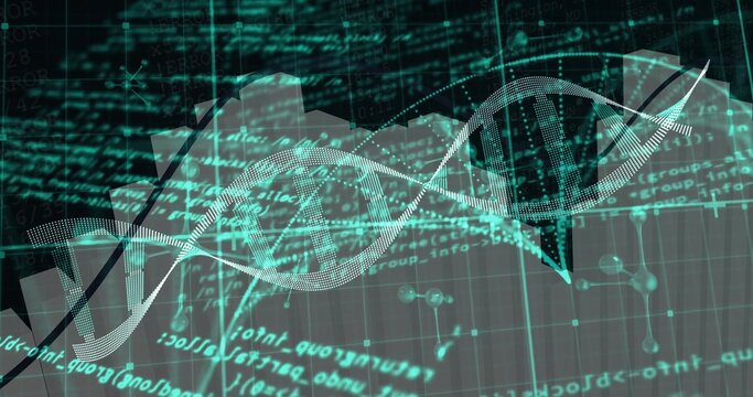 Displaying dotted double-helix DNA strand moving diagonally across data dashboard, showing code - Powered by Adobe