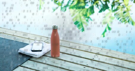 Standing matte peach insulated bottle on deck by towel and smartphone, with binary overlay © vectorfusionart